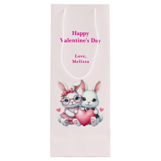 Cute Bunnies Sharing a Heart Valentine's Day Wijn Cadeautas (Achterkant)