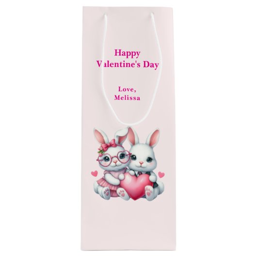 Cute Bunnies Sharing a Heart Valentine's Day Wijn Cadeautas (Voorkant)