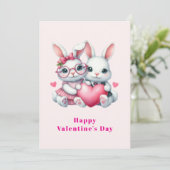 Cute Bunnies Sharing a Heart Valentine's Feestdagenkaart (Staand voorkant)