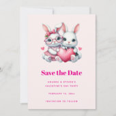 Cute Bunnies Sharing a Heart Valentine's Party Save The Date (Voorkant)