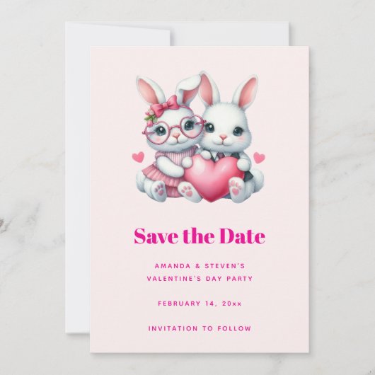 Cute Bunnies Sharing a Heart Valentine's Party Save The Date (Voorkant)