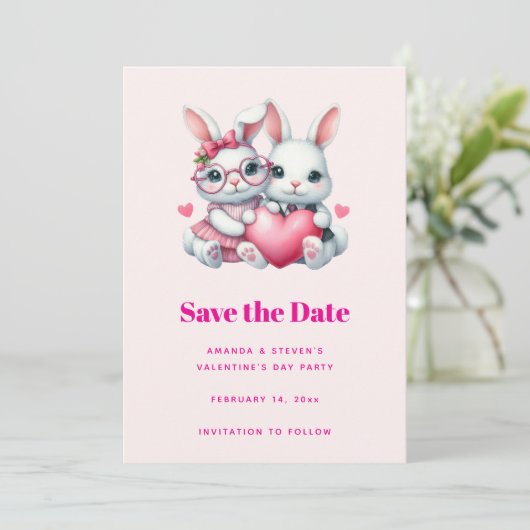 Cute Bunnies Sharing a Heart Valentine's Party Save The Date (Staand voorkant)