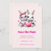 Cute Bunnies Sharing a Heart Valentine's Party Save The Date (Voorkant / Achterkant)