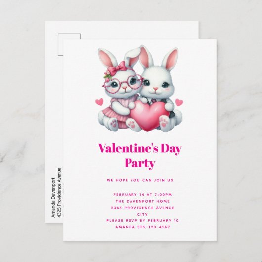Cute Bunnies Sharing a Heart Valentine's Party Uitnodiging Briefkaart (Voorkant / Achterkant)