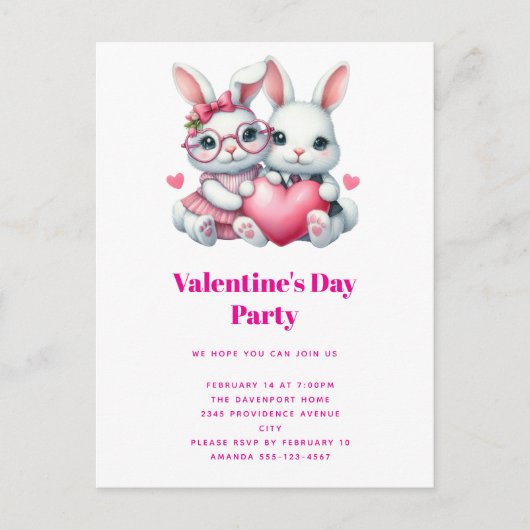 Cute Bunnies Sharing a Heart Valentine's Party Uitnodiging Briefkaart (Voorkant)
