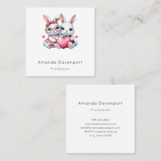 Cute Bunnies Sharing a Heart Vierkante Visitekaartje (Voorkant / Achterkant)