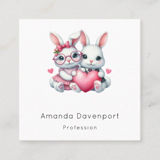 Cute Bunnies Sharing a Heart Vierkante Visitekaartje (Voorkant)