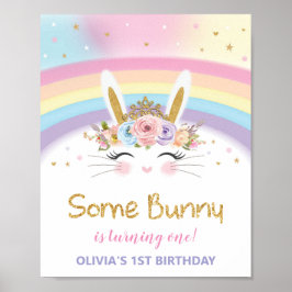 Cute Bunny 1st Birthday Rainbow Welcome Sign Decor Poster