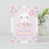 Cute Bunny 1st Birthday Spring Floral Rabbit Party Kaart (Staand voorkant)