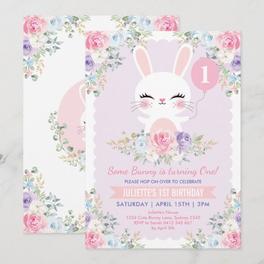 Cute Bunny 1st Birthday Spring Floral Rabbit Party Kaart (Voorkant / Achterkant)