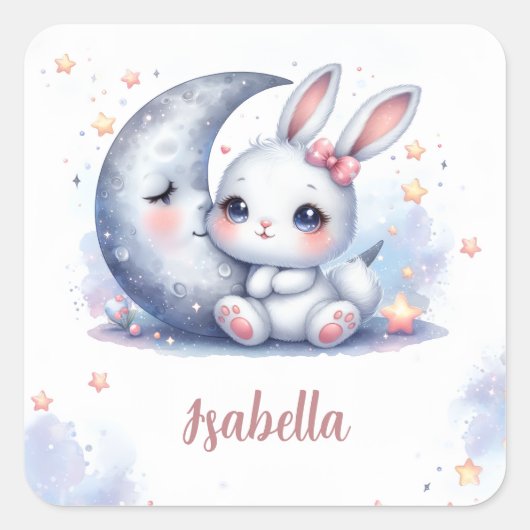 cute bunny and  a crescent moon vierkante sticker (Voorkant)