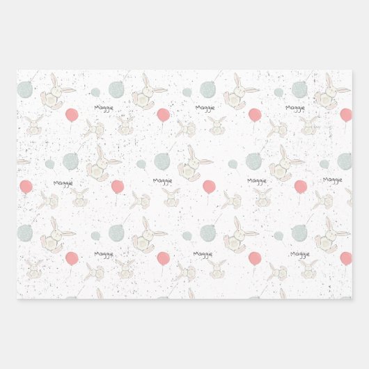 Cute Bunny and Balloons Personalized Inpakpapier Vel (Voorkant 3)