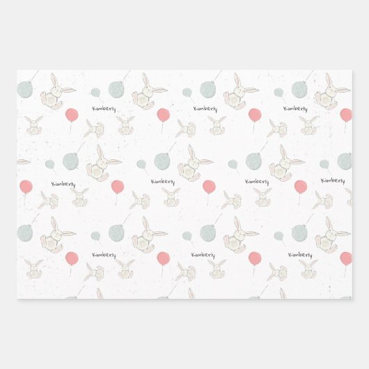 Cute Bunny and Balloons Personalized Inpakpapier Vel (Voorkant 2)