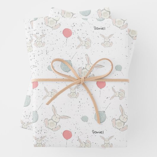Cute Bunny and Balloons Personalized Inpakpapier Vel (In situ)