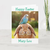 Cute Bunny and Blue Budge Personalized Easter Kaart (Voorkant)