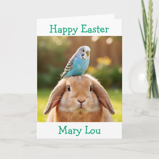 Cute Bunny and Blue Budge Personalized Easter Kaart (Voorkant)