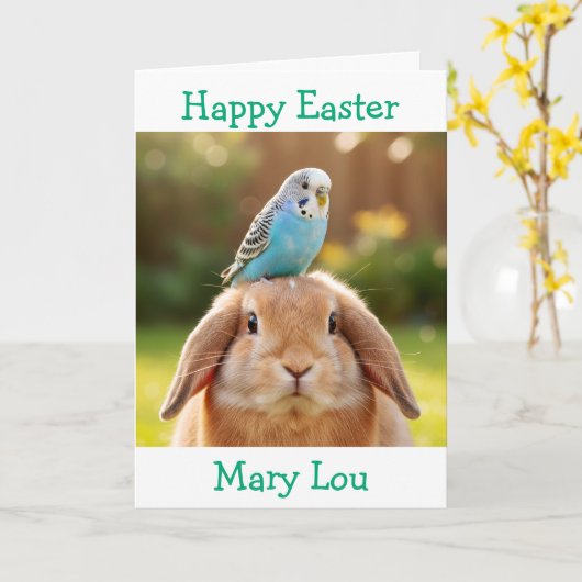 Cute Bunny and Blue Budge Personalized Easter Kaart (Gele Bloem)