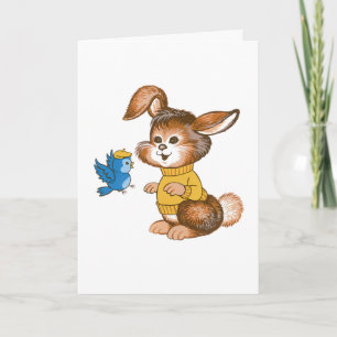 Cute Bunny and Bluebird Kids Birthday Card Kaart