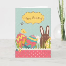 Cute Bunny and Colorful Easter Eggs Happy Birthday Feestdagen Kaart