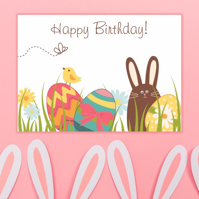 Cute Bunny and Decorted Eggs Happy Birthday Kaart (Creator heeft geüpload)