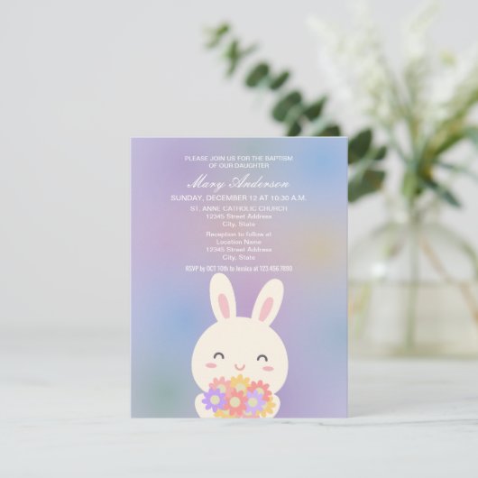 Cute Bunny and Flowers Baby Christening Baptism Kaart (Staand voorkant)
