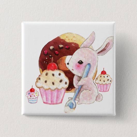 Cute bunny and kawaii cupcakes vierkante button 5,1 cm (Voorkant)