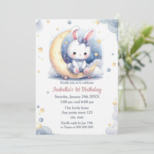 cute bunny and lovely moon birthday kaart (Staand voorkant)