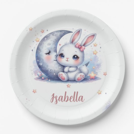 cute bunny and the moon birthday papieren bordje (Voorkant)