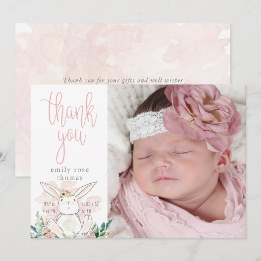 Cute Bunny Baby Girl Aankondiging Dank je (Voorkant / Achterkant)