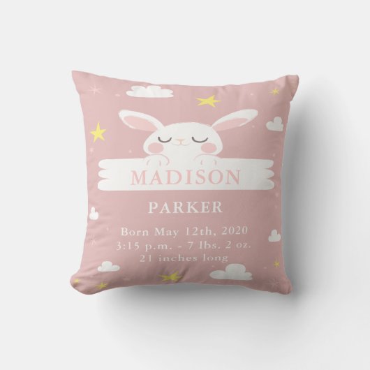 Cute Bunny Baby Girl Birth Announcement Pillow Kussen (Voorkant)