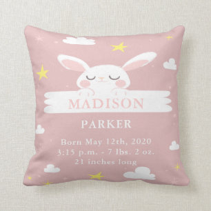 Cute Bunny Baby Girl Birth Announcement Pillow Kussen