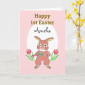 Cute Bunny Baby Happy 1e Pasen Vouwkaart Kaart (Gele Bloem)