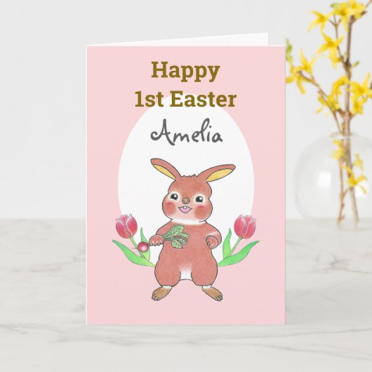 Cute Bunny Baby Happy 1e Pasen Vouwkaart Kaart (Gele Bloem)