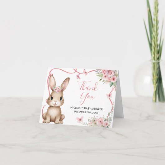 Cute Bunny Baby Shower Girl Pink Floral Folded Bedankkaart (Voorkant)