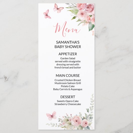 Cute Bunny Baby Shower Girl Pink Floral Menu (Voorkant)