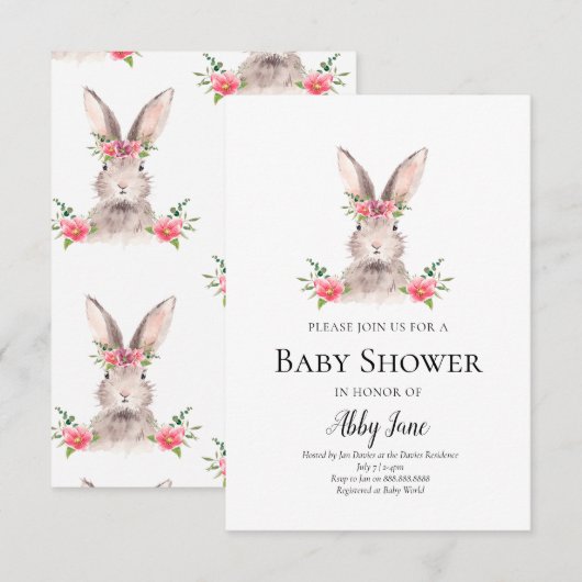 Cute Bunny Baby shower Invitation Girl Kaart (Voorkant / Achterkant)