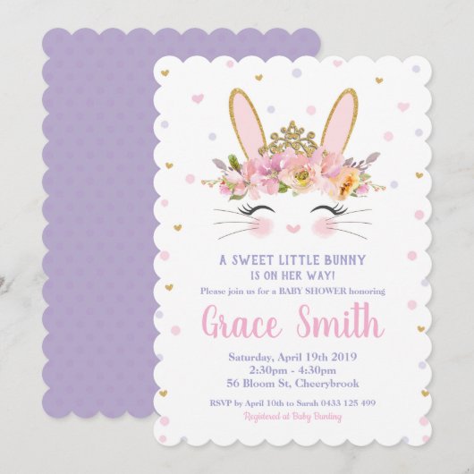 Cute Bunny Baby shower Invitation Girl Paars Kaart (Voorkant / Achterkant)