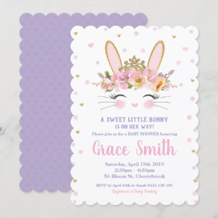 Cute Bunny Baby shower Invitation Girl Paars Kaart