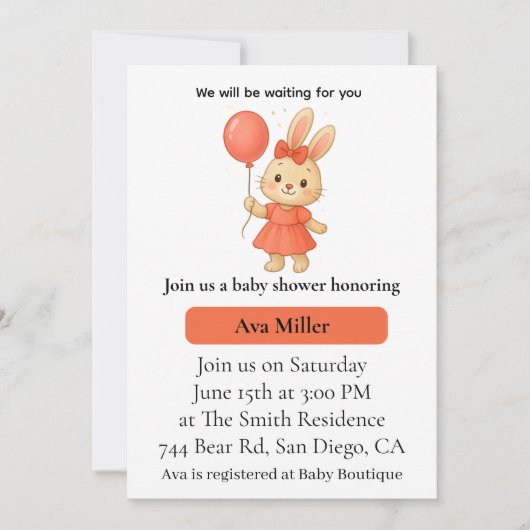 Cute Bunny Baby Shower Invitation | Pink Floral De Kaart (Voorkant)