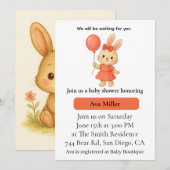 Cute Bunny Baby Shower Invitation | Pink Floral De Kaart (Voorkant / Achterkant)
