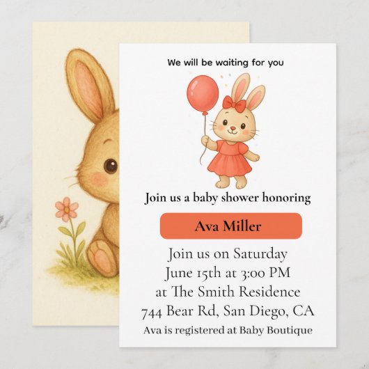 Cute Bunny Baby Shower Invitation | Pink Floral De Kaart (Voorkant / Achterkant)