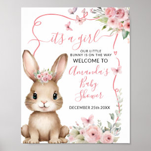 Cute Bunny Baby Shower Meisje Roze Bloemrijke Welk Poster