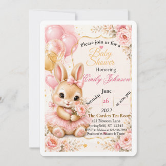 Cute Bunny Baby Shower Uitnodiging | Roze Bloemrij