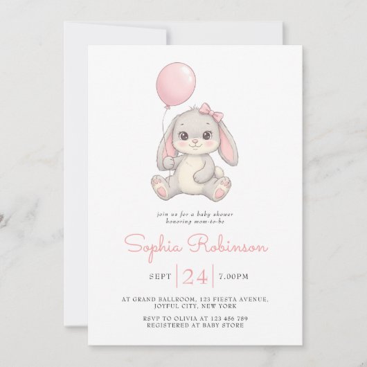 Cute Bunny Balloon Blush Pink Girls Baby Shower Kaart (Voorkant)