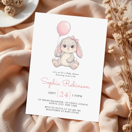 Cute Bunny Balloon Blush Pink Girls Baby Shower Kaart