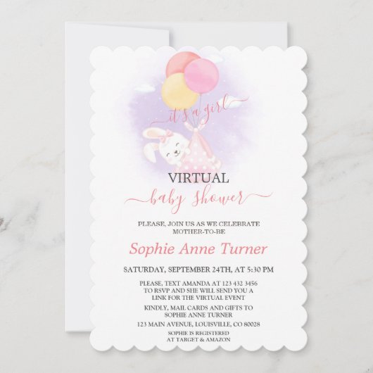 Cute Bunny Balloons Girl Virtual Baby shower Kaart (Voorkant)