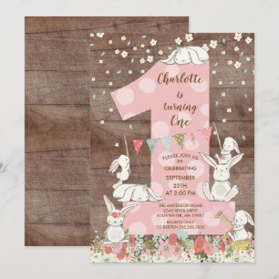 Cute Bunny Big One Girls Birthday Invitation Kaart