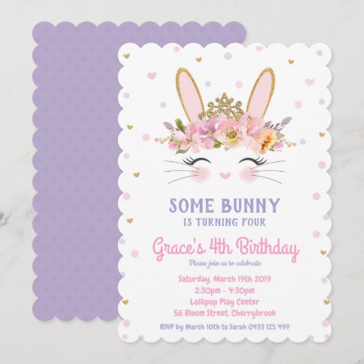 Cute Bunny Birthday Invitation Girls Rabbit Paars Kaart (Voorkant / Achterkant)