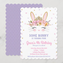 Cute Bunny Birthday Invitation Girls Rabbit Paars
