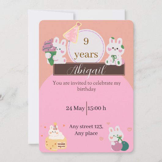 Cute Bunny Birthday Invitation Kaart (Voorkant)